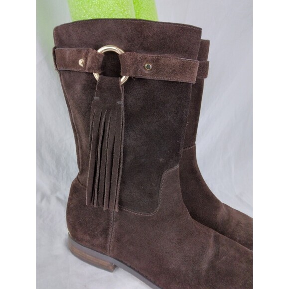 Michael Kors Rhea Brown Suede Mid Calf Boots Fringe Pull On Womens size 7.5 M - Picture 2 of 15